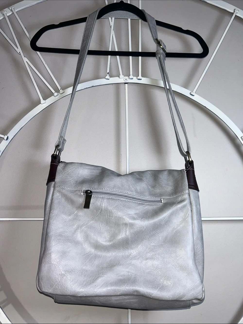 Gray Vegan Leather Crossbody Messenger Bag with Dark Brown Straps